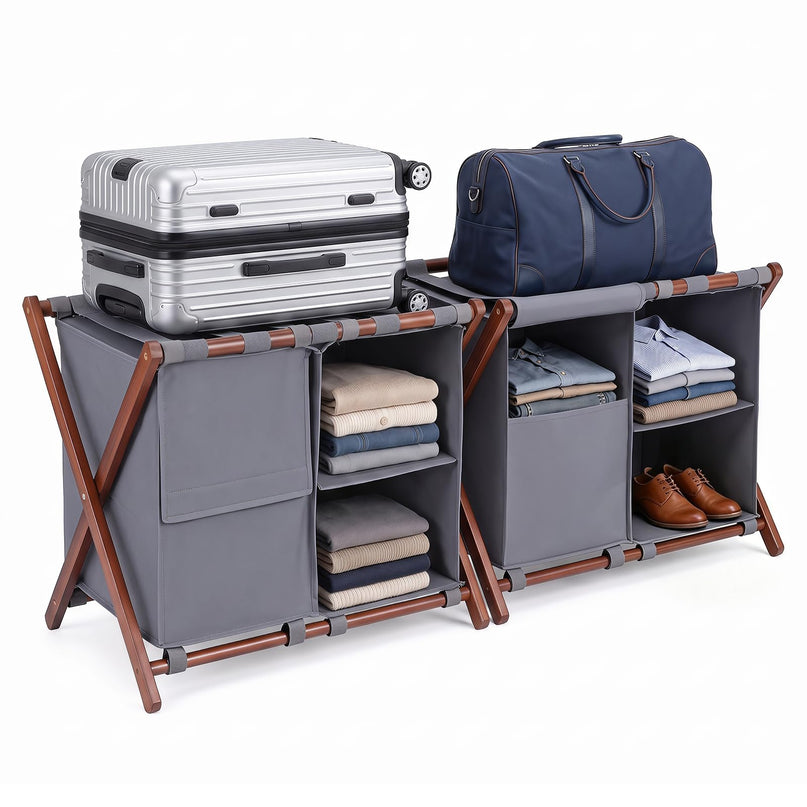 GIANTEX 27" Folding Bamboo Luggage Rack with 3 Storage Compartments (1/2)