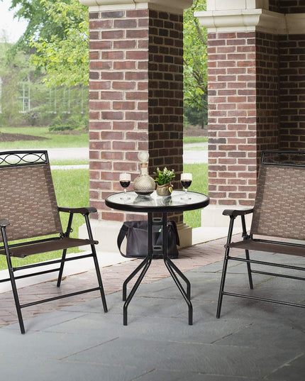 Giantex Patio Dining Set Round Glass Table with 2 Patio Folding Chairs(Brown)