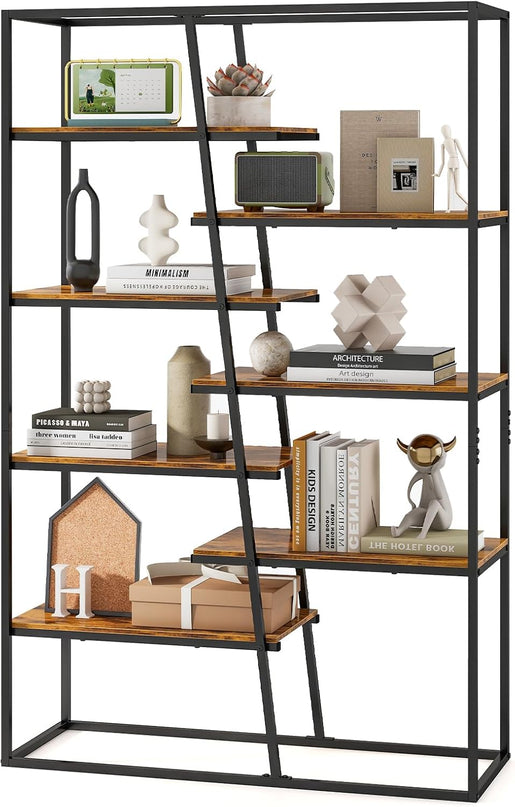 Giantex 7-Tier Industrial Bookshelf, Heavy-Duty Staggered Bookcase, Freestanding Display Storage Rack
