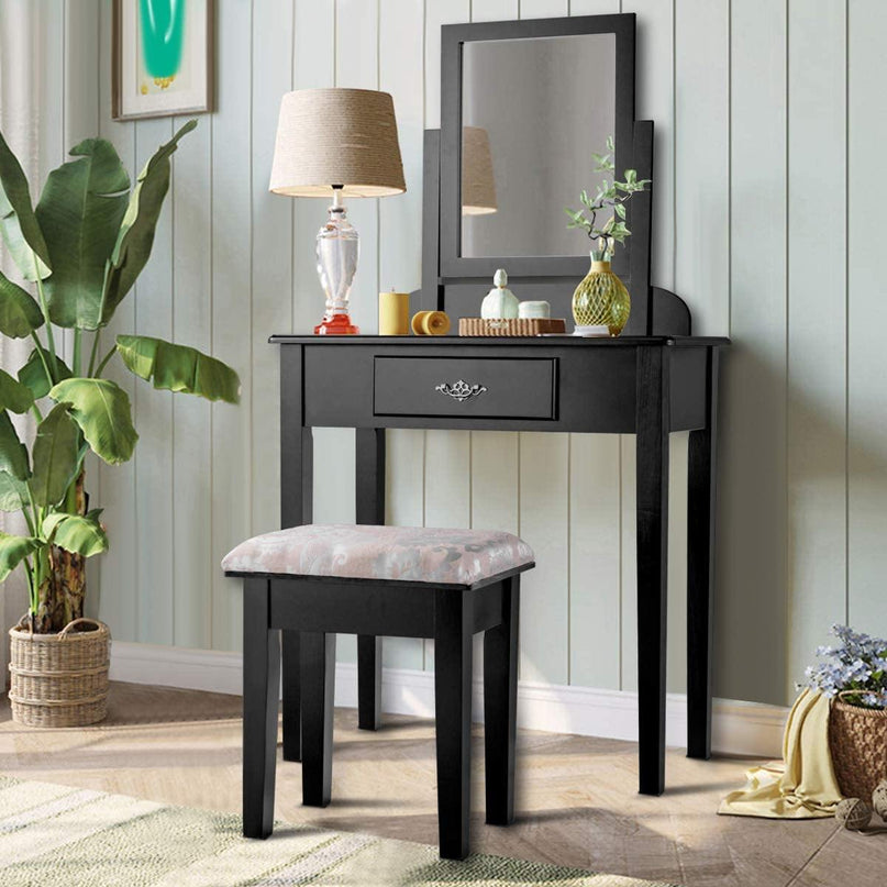 Vanity Dressing Table Stool Set Vanity Tables with Drawers, Black??1 Drawer????o? - Giantexus