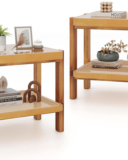 Giantex Rattan Side Table, Boho End Table for Living Room, Narrow Bedside Table with Tempered Glass Top
