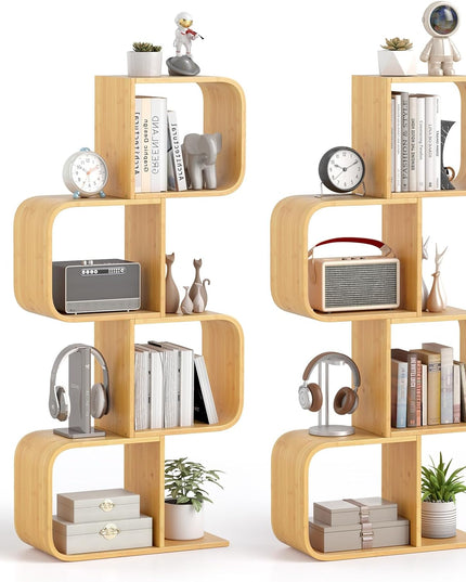 Giantex 4-Tier S-Shaped Bamboo Bookshelf with 4 Open Cubes
