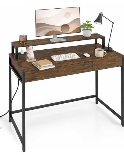 GIANTEX Computer Office Desk with Power Outlets & Removable Monitor Shelf
