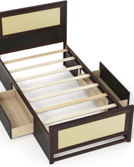 Cadre de lit double/complet en rotin Giantex avec 2 tiroirs de rangement, tête de lit et pied de lit