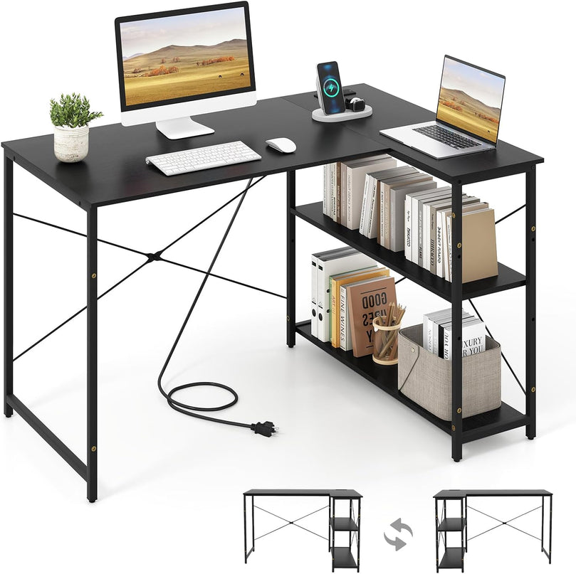 Giantex 47 Inch Reversible Computer Desk with Adjustable Storage Shelves & Metal Frame
