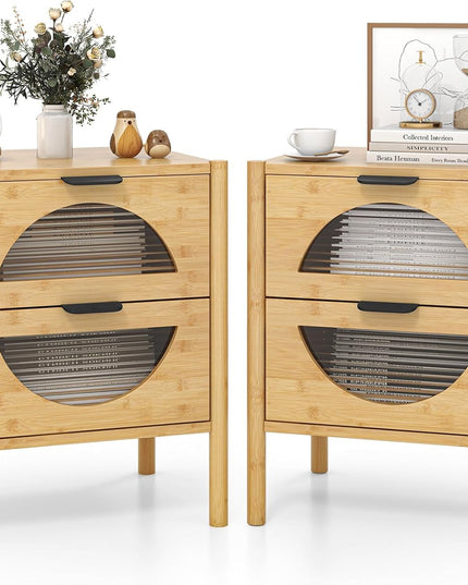 Giantex Bamboo Nightstand, Mid-Century Modern Bedside Table with 2 Storage Drawers & Tempered Glass