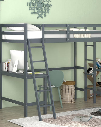 Giantex Twin Size Loft Bed with Desk, Solid Wood Loft Bed with 2 Ladders & Full Length Guardrail