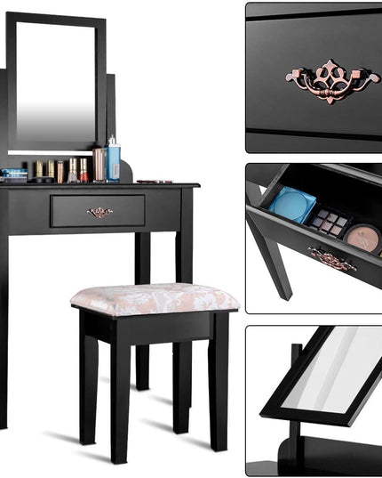 Vanity Dressing Table Stool Set Vanity Tables with Drawers, Black??1 Drawer????o? - Giantexus