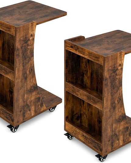 Giantex C Shaped End Table - Mobile 2-Tier Snack Side Table w/Back Storage Shelves