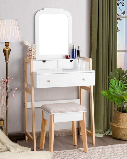 CHARMAID Vanity Set with 2-Tier Tabletop & 3 Drawers, 25inch Dressing Table with Large Mirror and Cushioned Stool - Giantexus