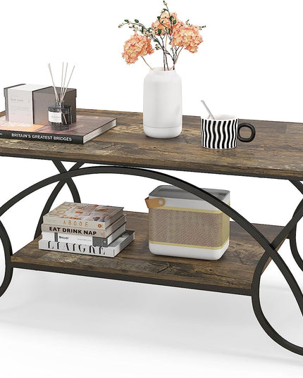 Table basse rectangulaire à 2 niveaux Giantex, table de cocktail moderne chic avec étagère de rangement ouverte, blanc/doré