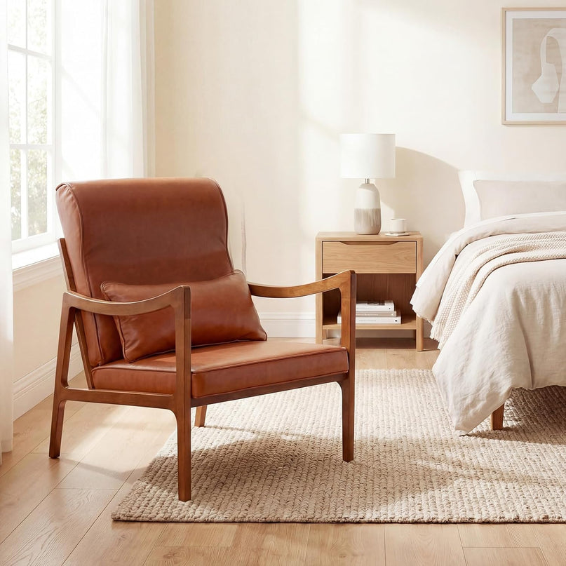 Giantex Mid-Century Faux Leather Upholstered Armchair with Lumbar Pillow (1/2)