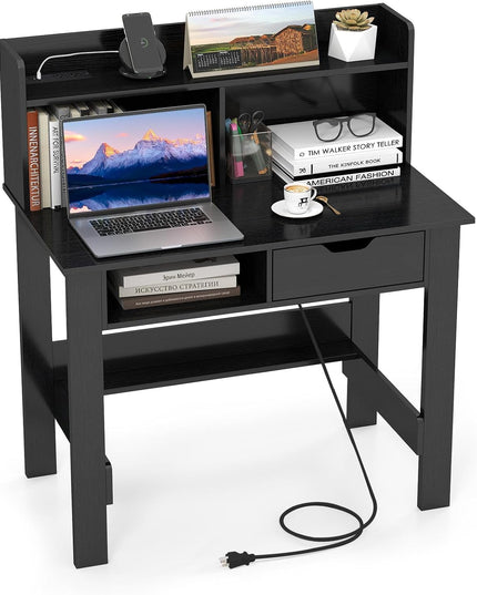 Giantex White Computer Desk with Hutch, Home Office Desk with Power Outlets, USB Ports