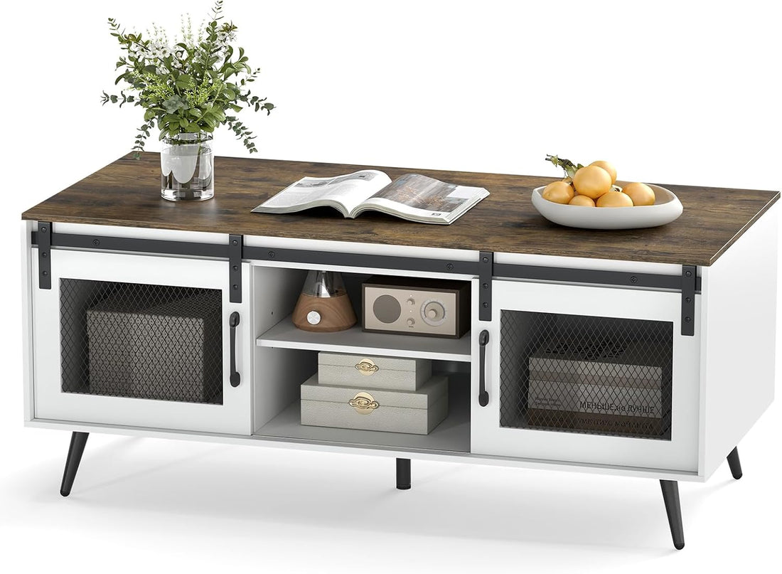 Giantex 48" Farmhouse Coffee Table with Sliding Doors
