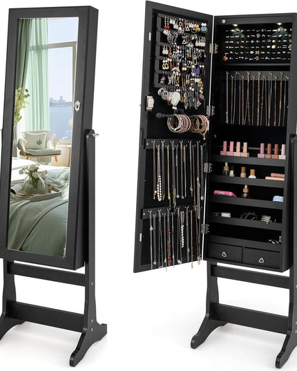 Giantex 57.5"H 2 LEDs Standing Jewelry Cabinet with Full Length Mirror with 2 Drawers, 4 Adjustable Angles, Jewelry Storage Organizer