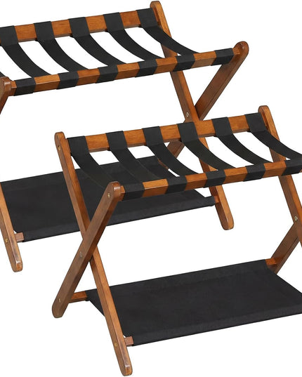 Giantex Folding Luggage Rack | Solid Rubber Wood Suitcase Stand with Storage Shelves (1/2)