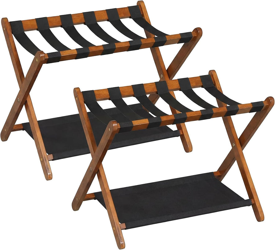 Giantex Folding Luggage Rack | Solid Rubber Wood Suitcase Stand with Storage Shelves (1/2)