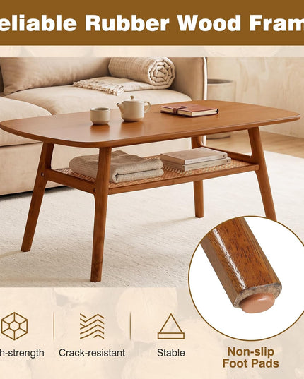 Giantex Rattan Coffee Table, 39.5" Wood Center Table with Storage & Solid Rubber Wood Legs