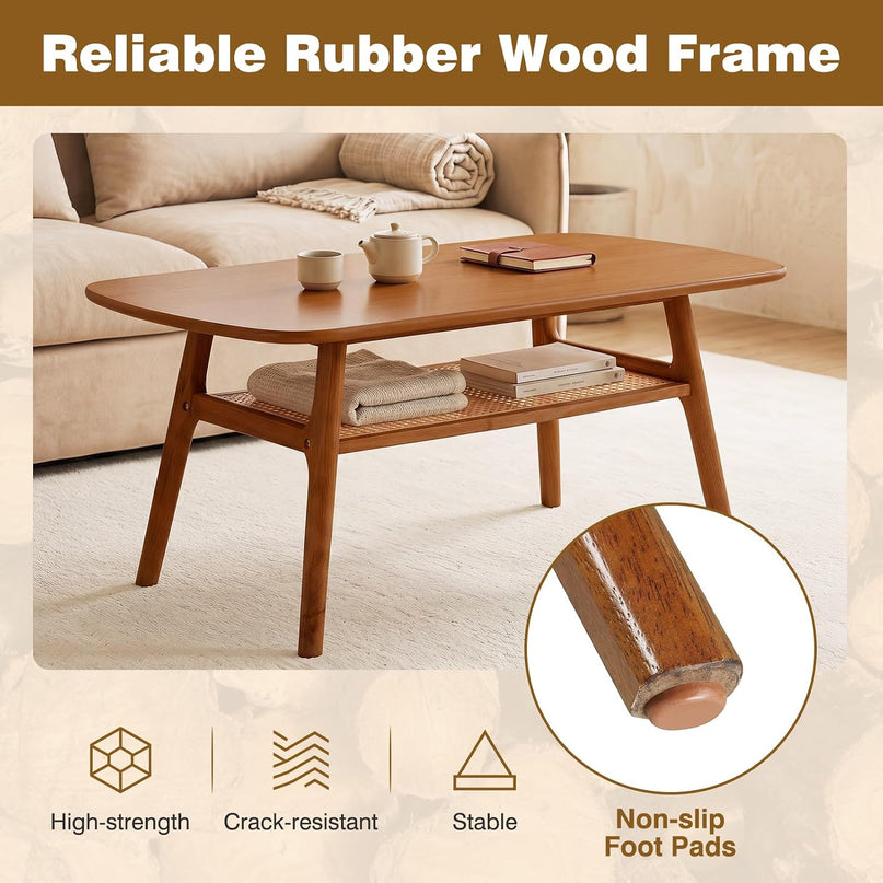 Giantex Rattan Coffee Table, 39.5" Wood Center Table with Storage & Solid Rubber Wood Legs