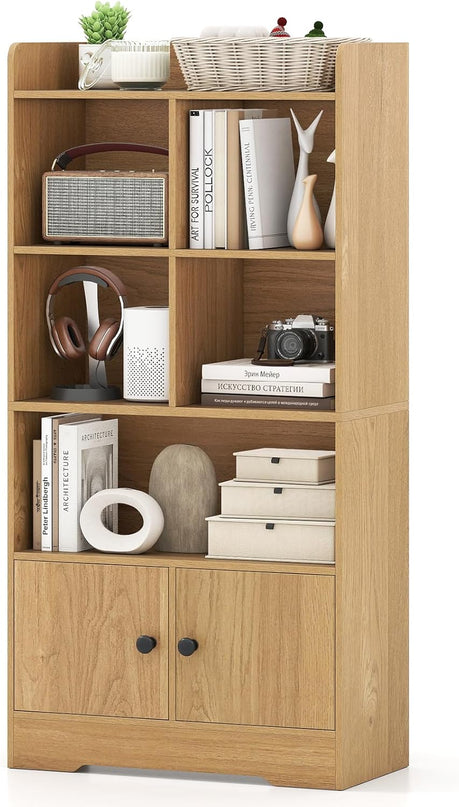 Giantex 4-Tier Bookcase with Doors, Small Bookshelf with 5 Cubbies and 2 Cabinets, White Freestanding Bookshelf