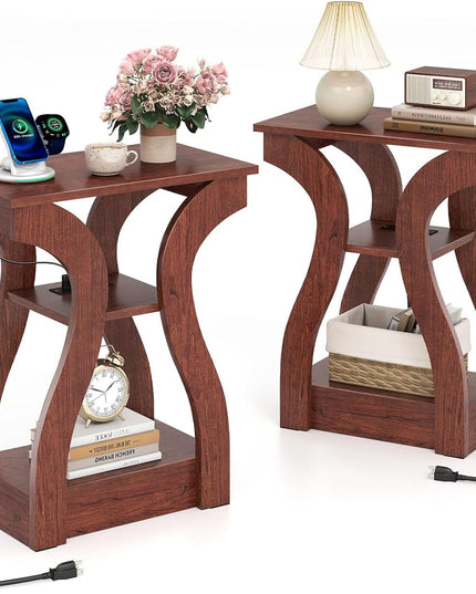 Giantex End Tables with Charging Station Set of 2 |Vintage Nightstands for Living Room