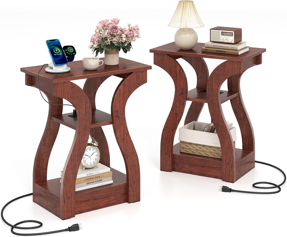 Giantex End Tables with Charging Station Set of 2 |Vintage Nightstands for Living Room