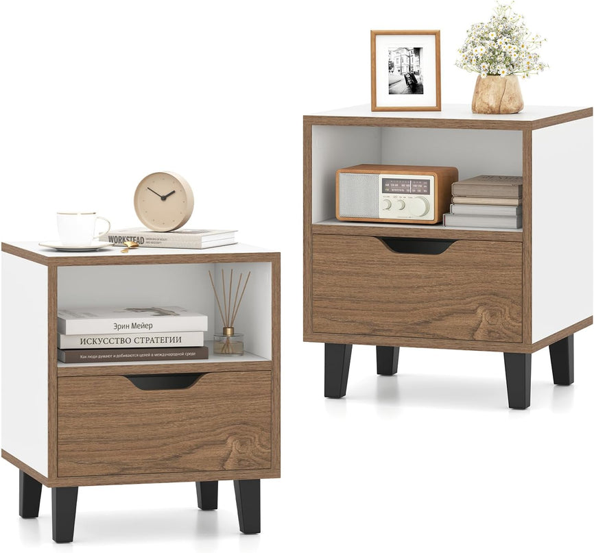 Giantex Mid Century Modern Nightstand Wooden Bedside Table with Drawer & Open Shelf