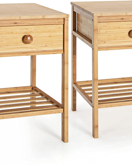 Giantex Nightstand Bamboo Bedside Table with Drawer, Open Shelf, Multifunctional Side Table