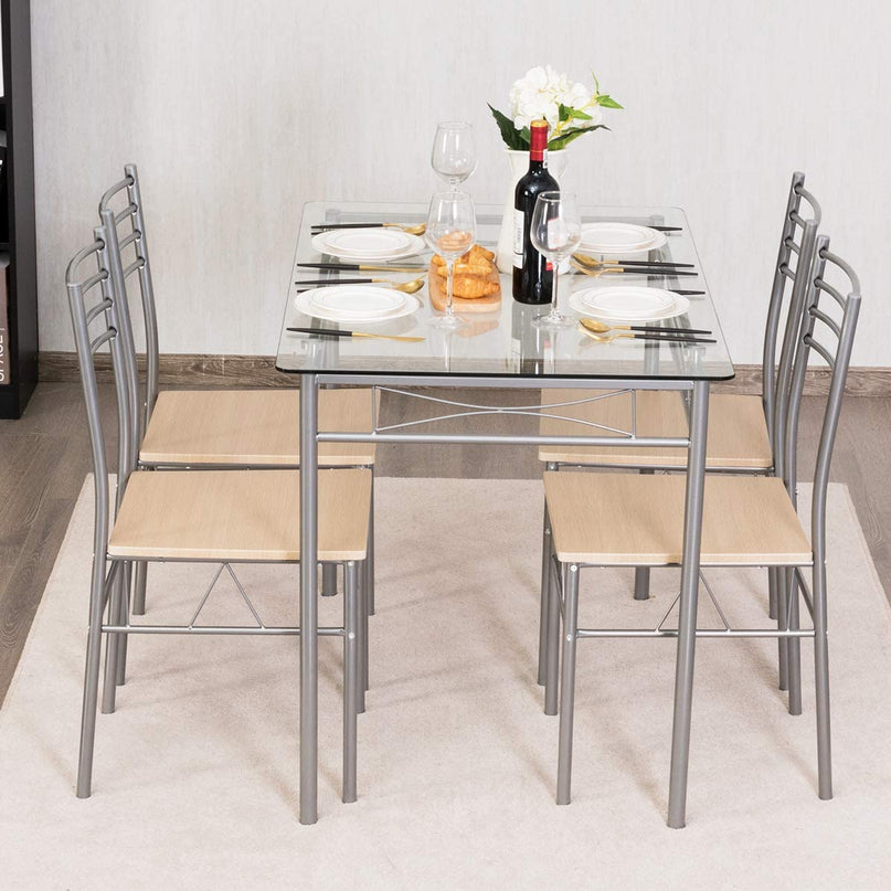 Giantex 5 Piece Dining Table Set, Kitchen Dining Set with Tempered Glass Table Top and 4 Chairs