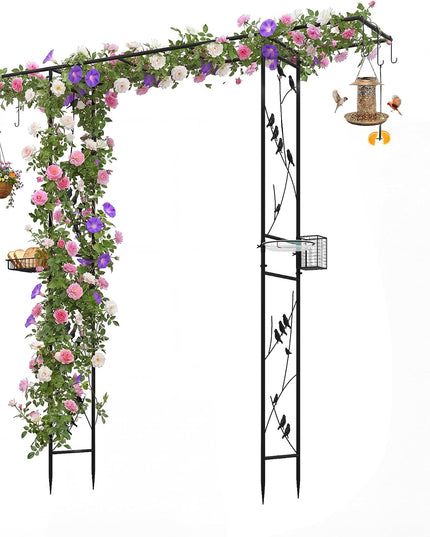 Giantex 213 cm Garden Arbor Feeding Station, Heavy-Duty Arch Trellis w/Water Bowl, Mesh Tray, Suet Feeder & Hanging Kit for Attracting Wild Birds & Supporting Climbing Plants, Tall Outdoor Archway