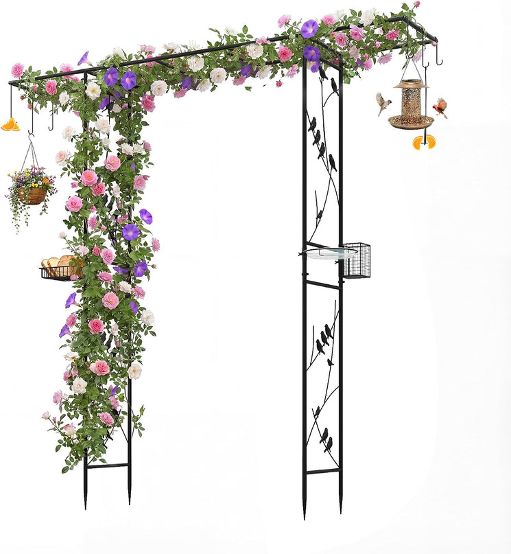 Giantex 213 cm Garden Arbor Feeding Station, Heavy-Duty Arch Trellis w/Water Bowl, Mesh Tray, Suet Feeder & Hanging Kit for Attracting Wild Birds & Supporting Climbing Plants, Tall Outdoor Archway