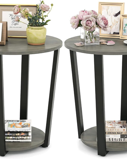 Giantex Round End Table Set of 1/2, 2-Tier Side Sofa Table with Open Storage Shelf and Metal Frame