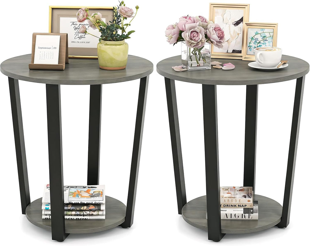 Giantex Round End Table Set of 1/2, 2-Tier Side Sofa Table with Open Storage Shelf and Metal Frame