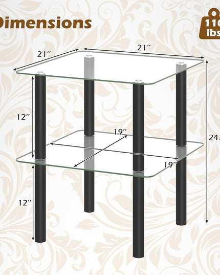 Giantex Square End Table, 2-Tier Sofa Side Table with Clear Tempered Glass Top & Shelf