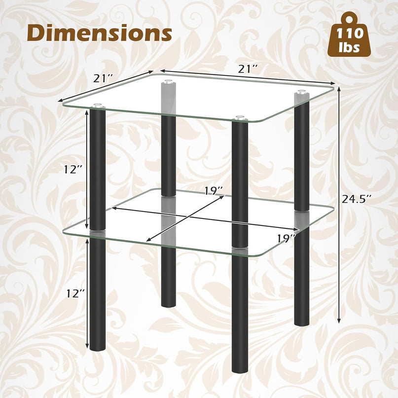 Giantex Square End Table, 2-Tier Sofa Side Table with Clear Tempered Glass Top & Shelf