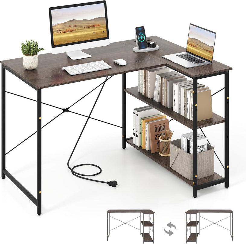 Giantex 47 Inch Reversible Computer Desk with Adjustable Storage Shelves & Metal Frame