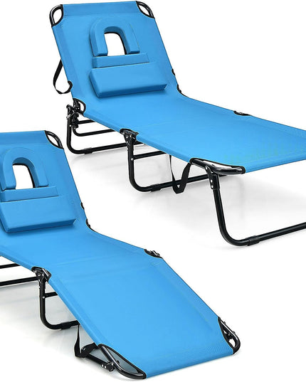Giantex Folding Beach Tanning Chair - Adjustable Patio Lounge Chair w/Face Hole, Removable Pillows, Carry Strap