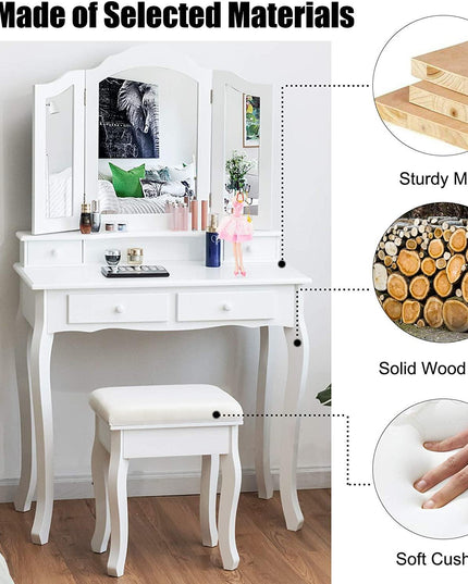 Vanity Table Set with Tri-Folding Mirror and 4 Drawers - Giantexus