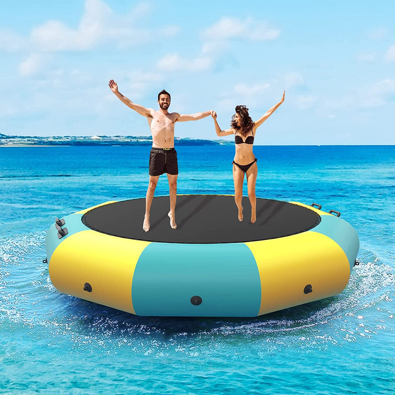 Giantex 10Ft 12Ft 15Ft Inflatable Water Trampoline, Floating Rebounder Trampoline with 500W Blower and 3-Step Rope Ladder