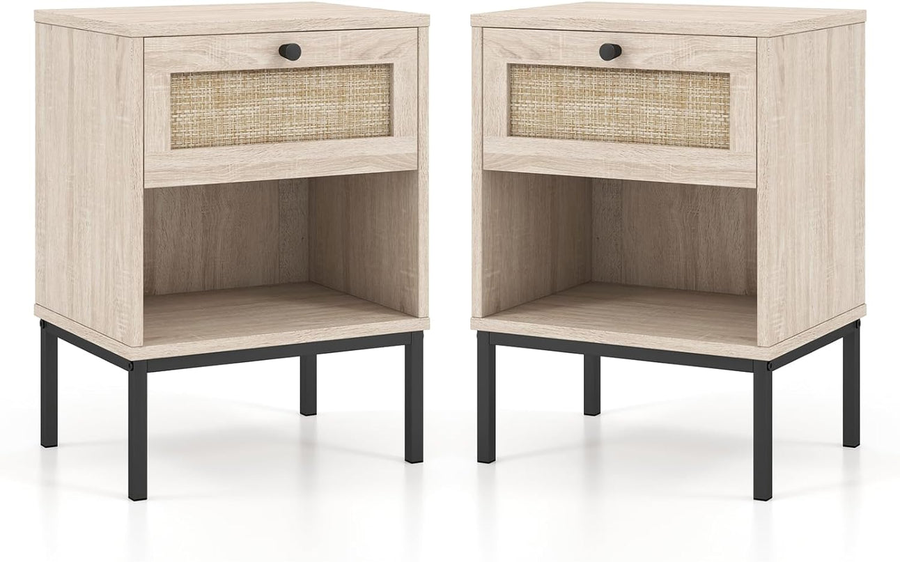 Giantex Rattan Nightstand with Drawer, Boho Side Table with 4 Metal Legs and Open Storage Shelf