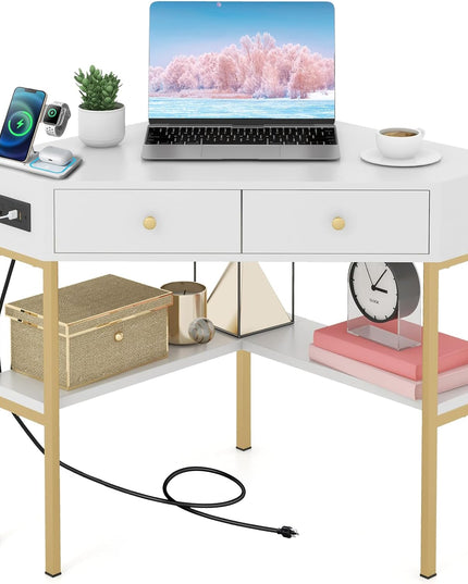 Giantex Corner Desk with Charging Station, 90 Degree Triangle Computer Desk with 2 Drawers & Storage Shelf