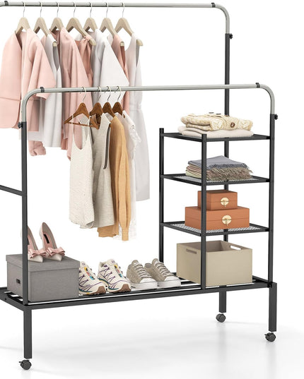 Giantex Double Rods Garment Rack with Wheels, Clothing Rack w/ 2 Hanging Height Adjustable Rods, Side Mesh Racks