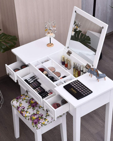CHARMAID Vanity Set with Flip Top Mirror and 3 Drawers &7 Compartments, White - Giantexus