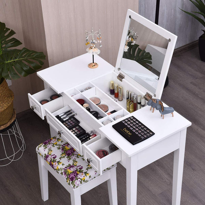 CHARMAID Vanity Set with Flip Top Mirror and 3 Drawers &7 Compartments, White - Giantexus