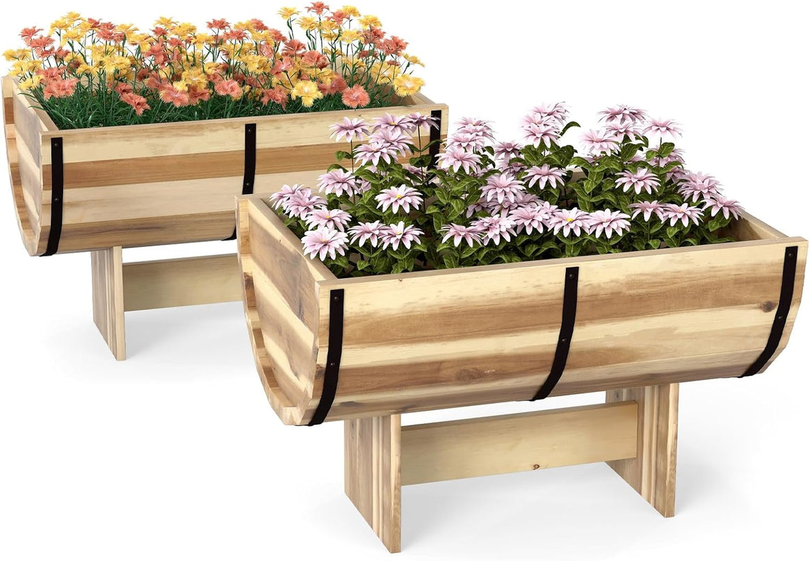 Giantex Half Barrel Acacia Wood Planter Box for Flower Vegetable Fruit