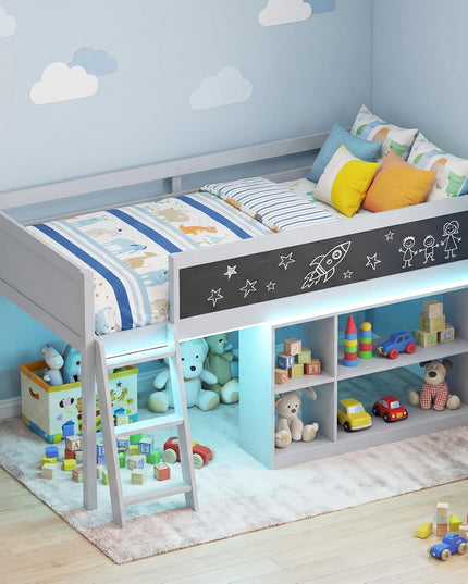 Lit mezzanine bas Giantex pour lit jumeau avec lumières LED, bibliothèque amovible et espace de rangement sous le lit