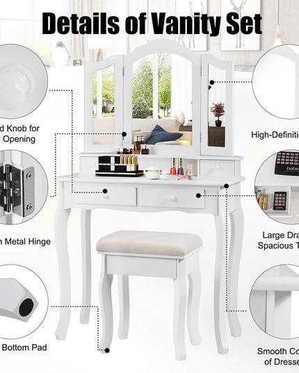 Vanity Table Set with Tri-Folding Mirror and 4 Drawers - Giantexus