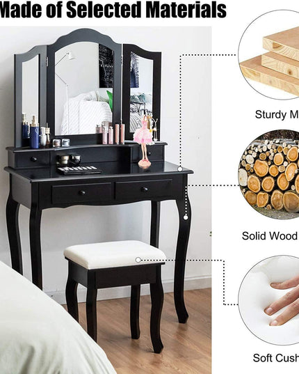 Vanity Table Set with Tri-Folding Mirror and 4 Drawers - Giantexus