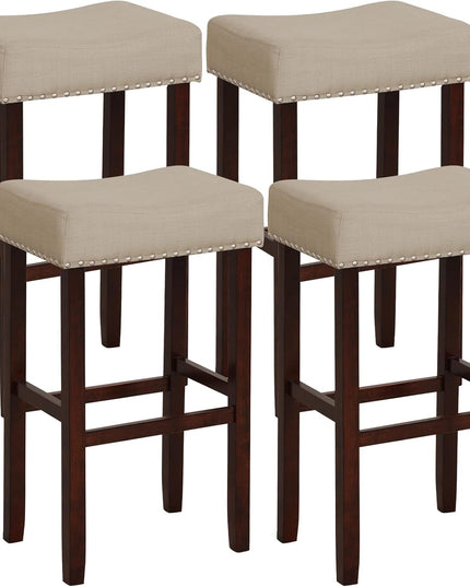 Giantex 29.5" Bar Height Bar Stools Set of 4 - Backless Saddle Barstools with Nailhead Linen Foam Seat