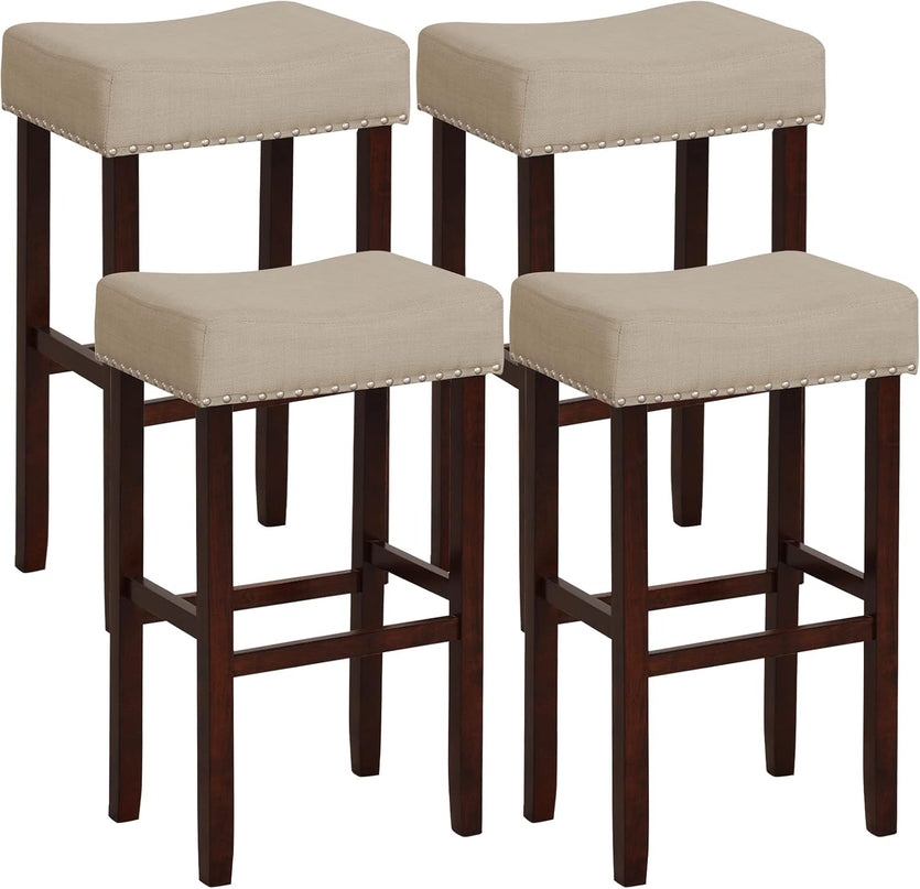 Giantex 29.5" Bar Height Bar Stools Set of 4 - Backless Saddle Barstools with Nailhead Linen Foam Seat